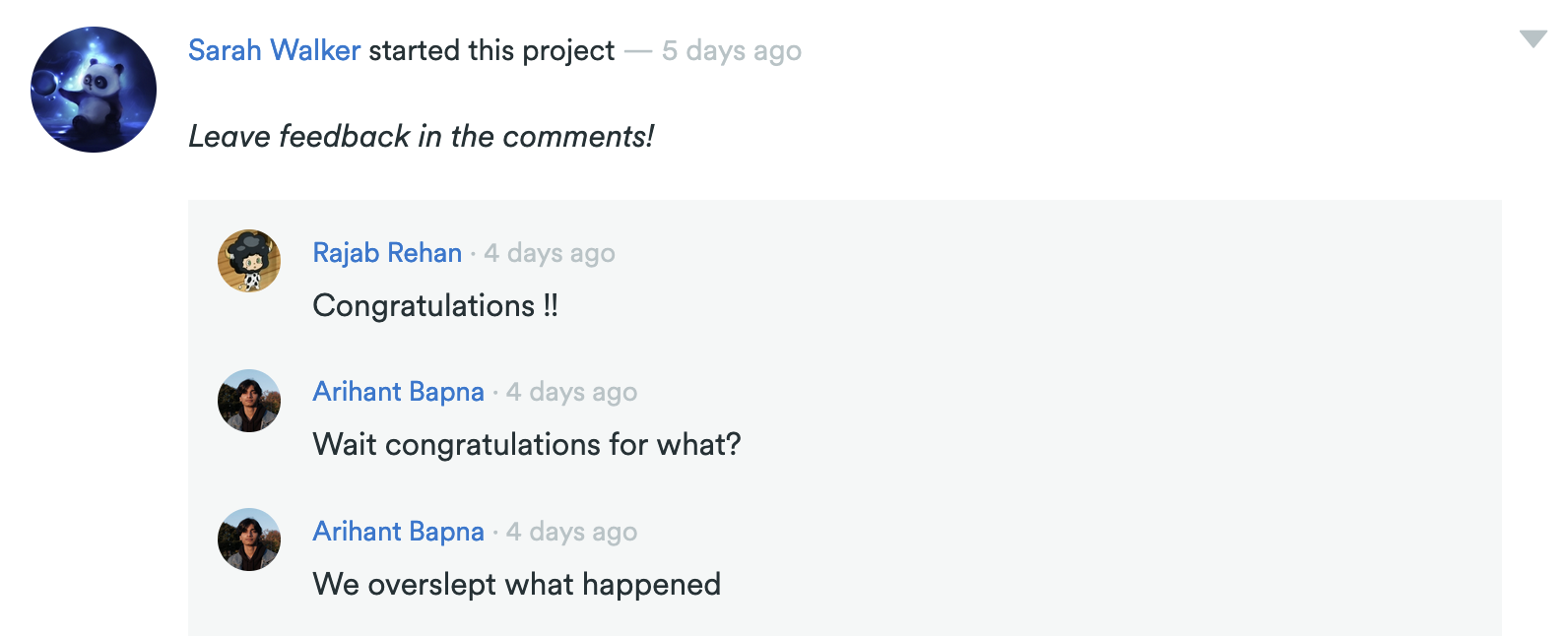 A comment interaction showing that the team overslept